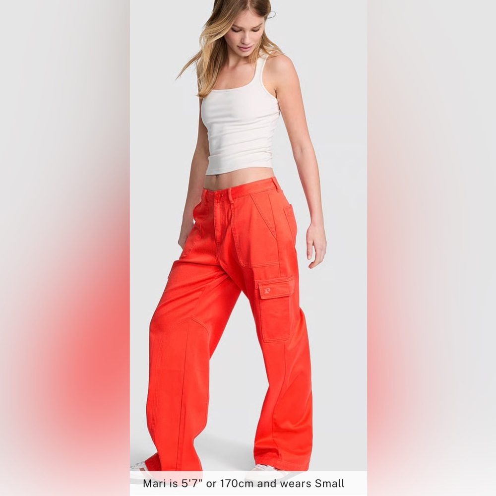 PINK Victoria's Secret Wide Leg Cargo Pants in Bright Red-Orange